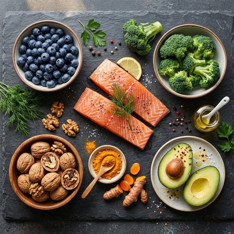 Salmon, broccoli, greens, blueberries, walnuts and avocado laid out on a stone counter.