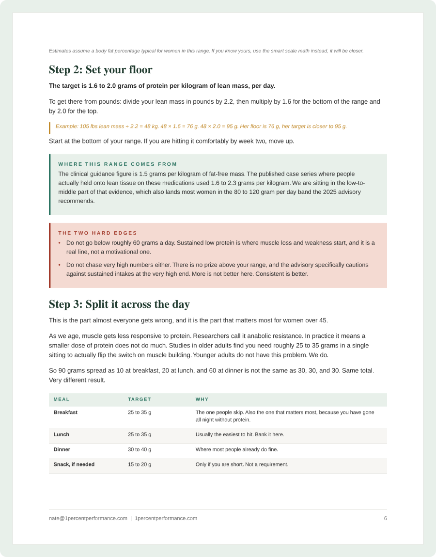 A page from the guide showing the protein reference chart across common foods.