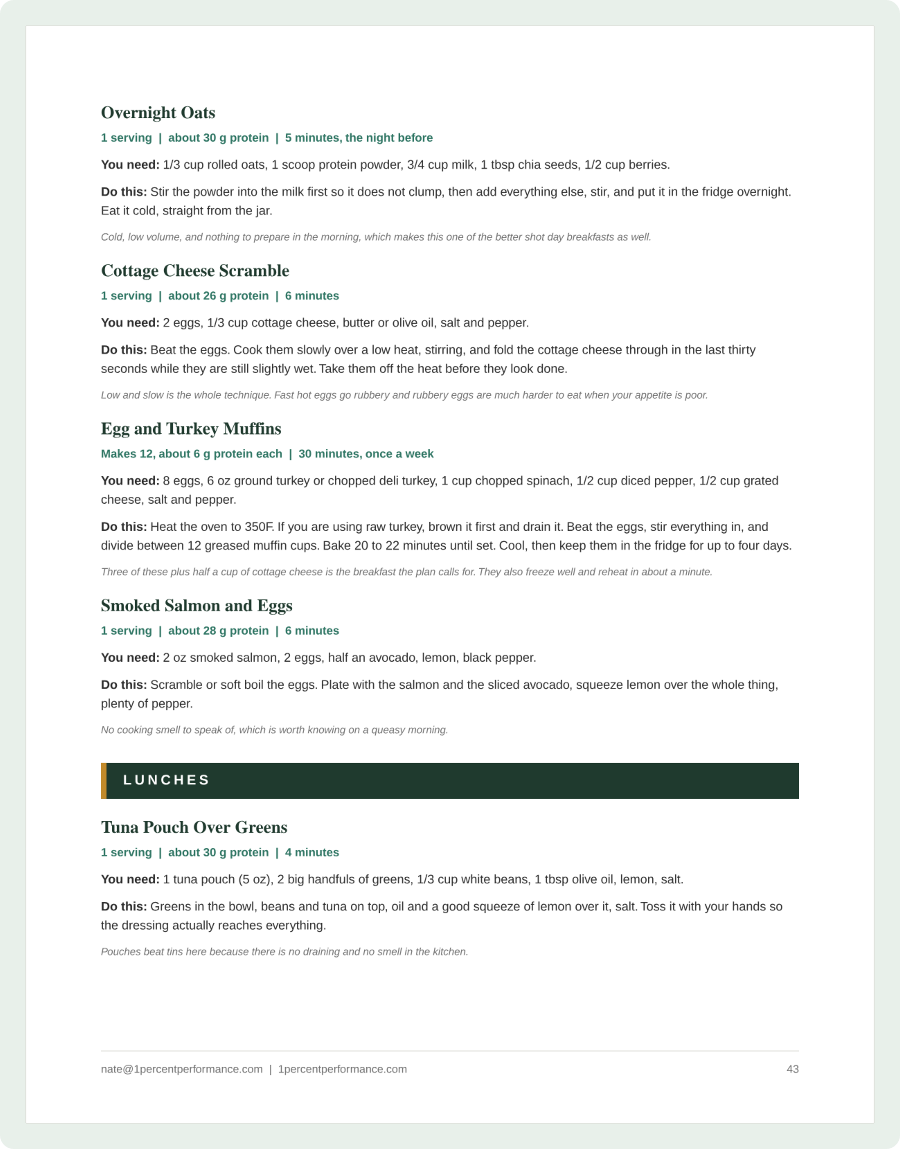 A page of recipes from the guide, each with the protein per serving and the time it takes.