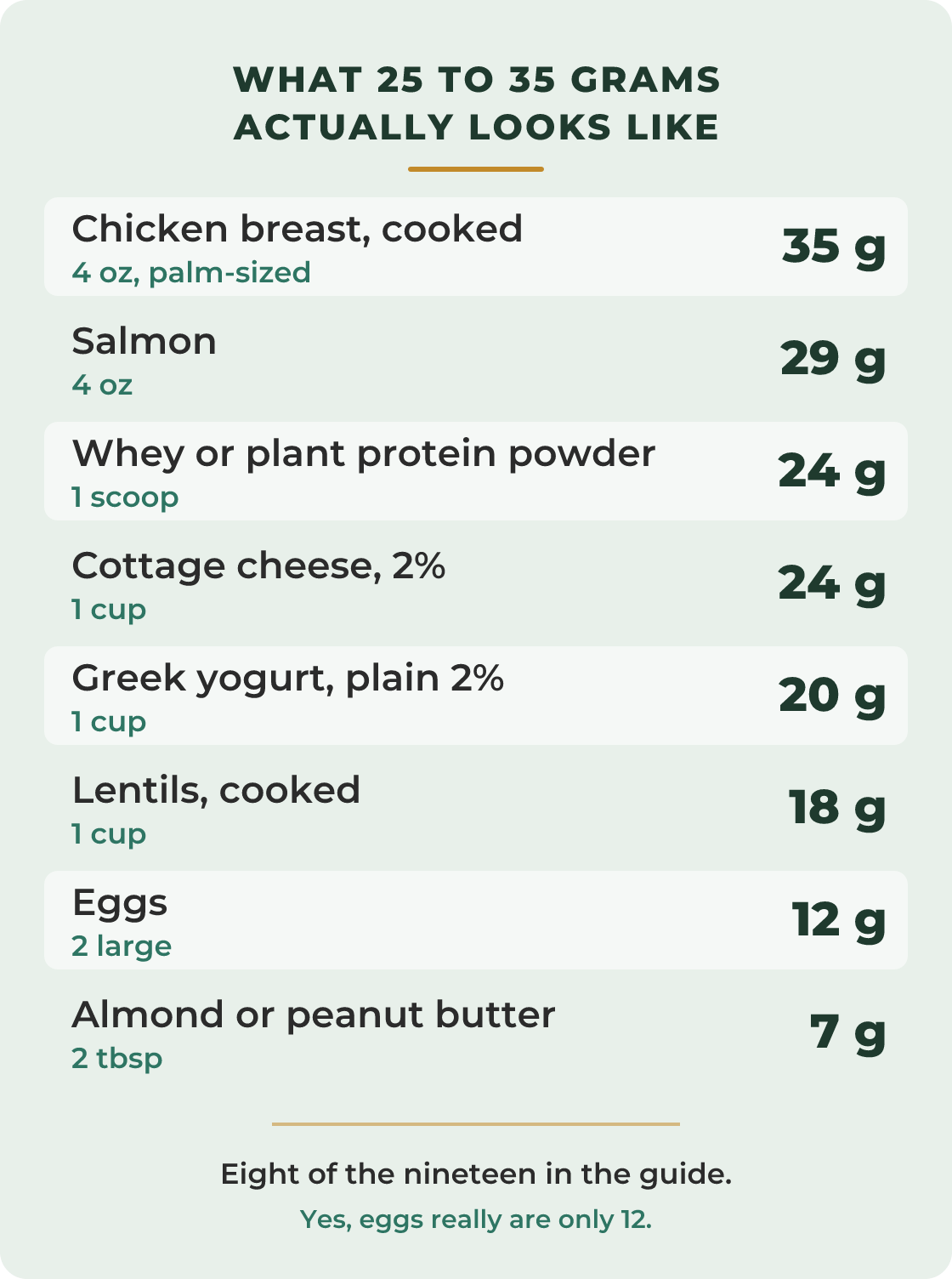 A protein reference chart. Chicken breast 35 grams, salmon 29, protein powder 24, cottage cheese 24, Greek yogurt 20, lentils 18, eggs 12, nut butter 7.
