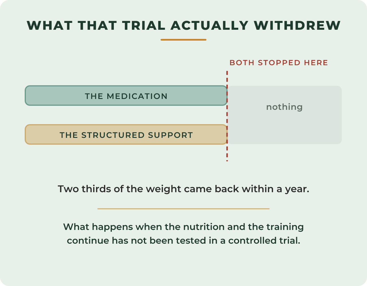 Two rows. In the trial, the medication and the lifestyle support both stopped at the same moment. In the second row the medication stops and the nutrition and training continue, labelled as not tested in a controlled trial.